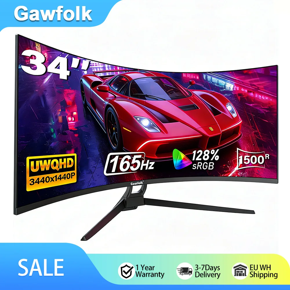 Monitor Curvo para Juegos Gawfolk de 34 Pulgadas, Curvatura 1500R, 165hz UWQHD, Pantalla Curva para Computadora con FreeSync