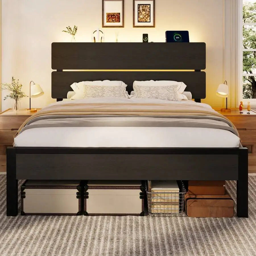 Twin/Full/Queen/King Size Bed Frame With Led Light & Built-In Charging Station, Wooden Storage Headboard And Footboard, Metal Platform Bed With Under Bed Storage, No Box Spring Needed, Noise Free, Black view 2