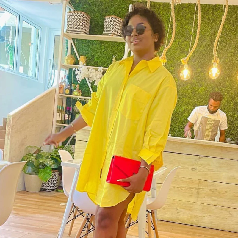 2026 New African Fashion Women Long Loose Shirt Full Sleeve Solid Yellow Color Bloues Tops With Pockets