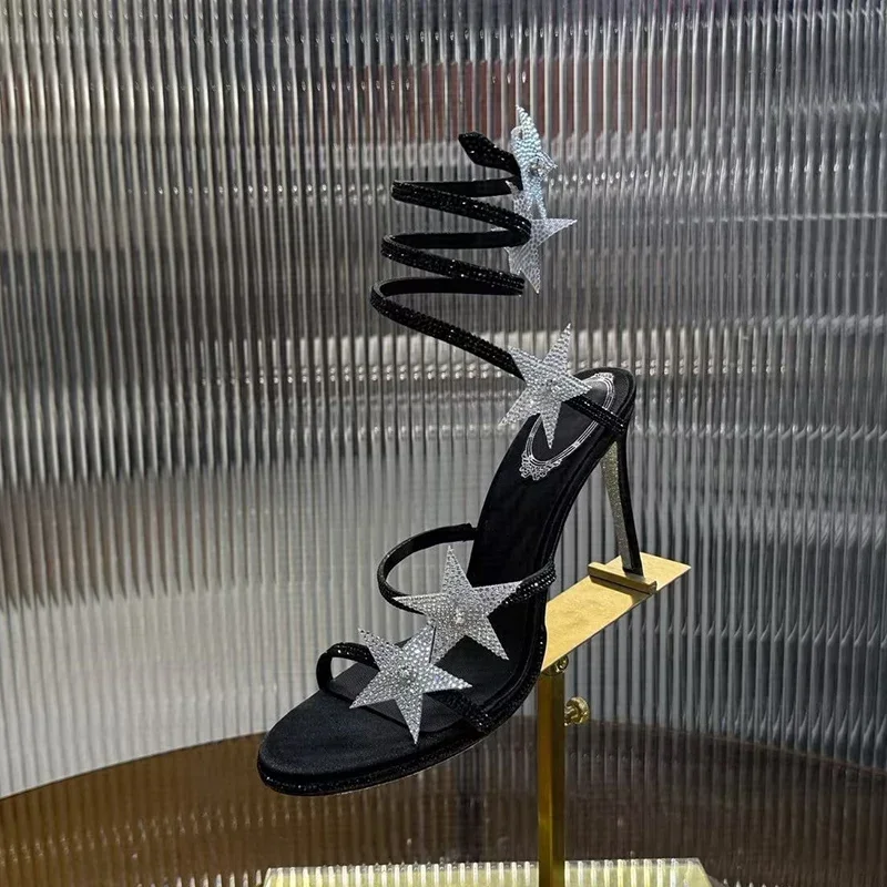 High Heels Sandals Women Crystal Five-pointed Star Ankle Snake Shaped Winding Banquet Shoes Summer Fashion Thin Heels Sandalias