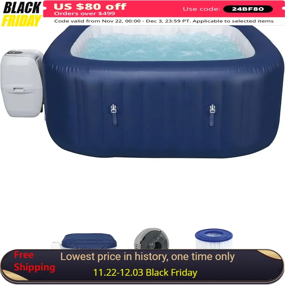 4 To 6 Person Inflatable Hot Tub with 140 AirJets and EnergySense Energy Saving Cover, Square Portable Spa, Outdoor Hot Tub