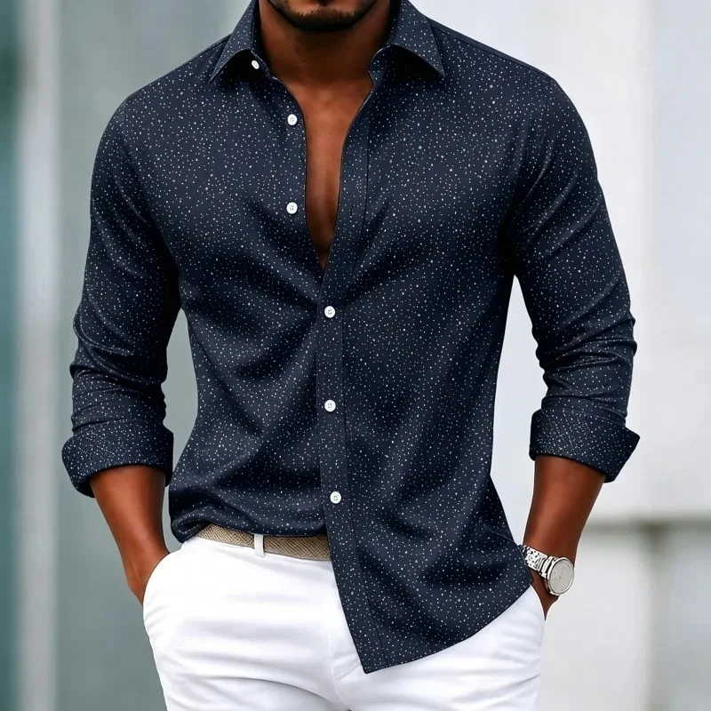 Men's shirt with starry polka dot print, long sleeved shirt, slim fit collar shirt, business casual men's top,