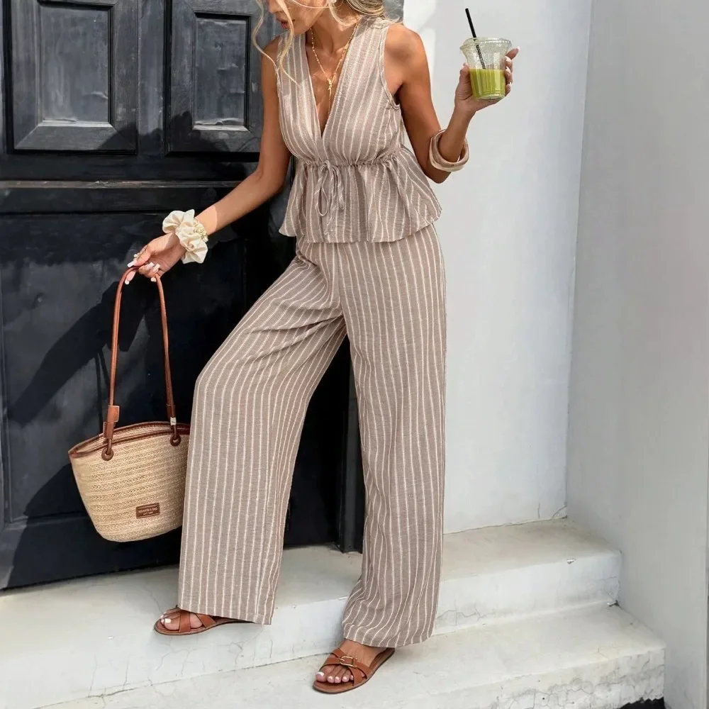 Women Striped V Neck Sleeveless Top High Waist Wide Leg Pants 2 Piece Set Summer Vacation Breathable Flowy Flattering Casual