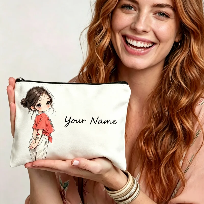 Custom Name Bun Hair Cartoon Girl Print Make Up Bag Zipper Cosmetic Bag Toiletry Storage Pencil Case Gift for Women Makeup Bags