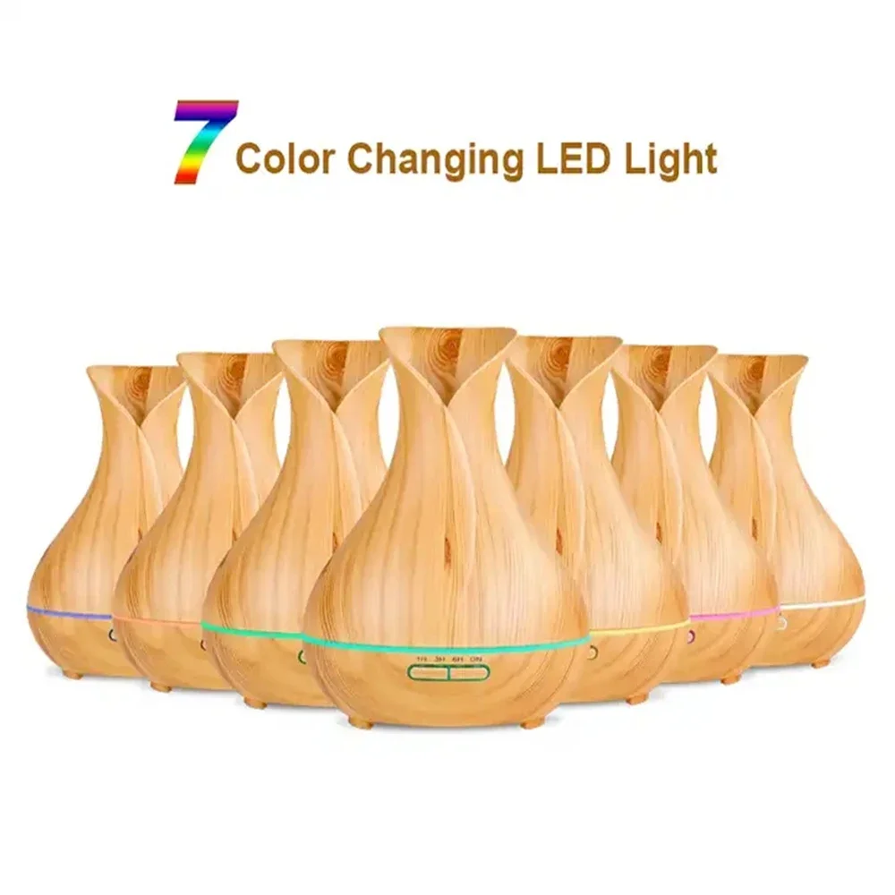 Air Humidifier 400ml Oil Aroma Diffuser Wood Grain LED Power-off Protection Night Light Timing 7 Colors Mist Sprayer for Spa