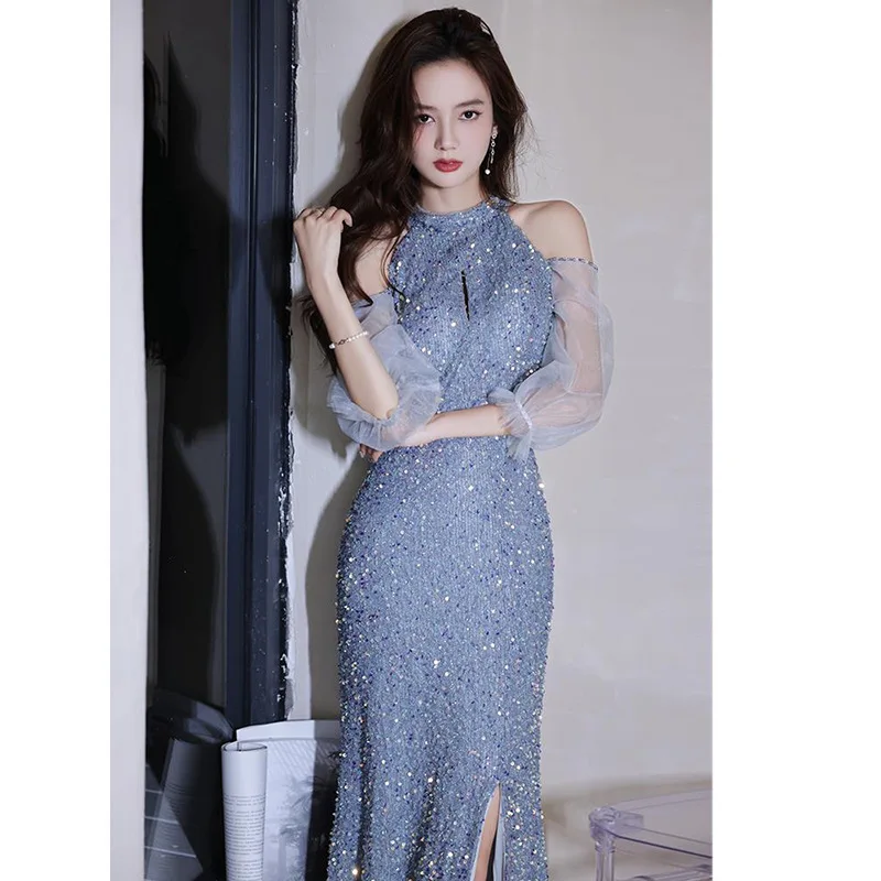 

Blue Sequins Evening Dress Halter Off-The-Shoulder Mesh Sleeves Floor Length Party Dresses Female Glitter Slim Maxi Gowns