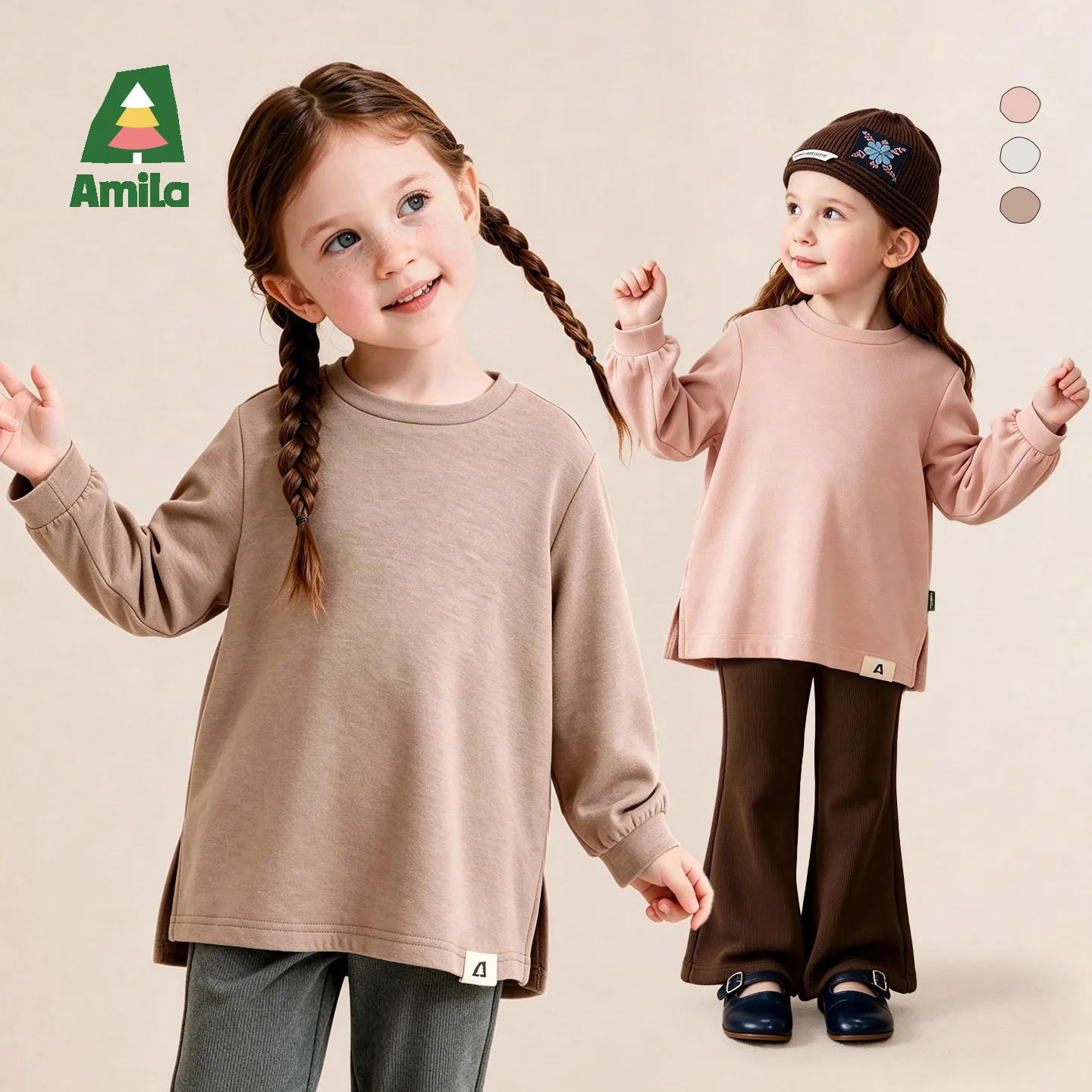 Amila 2026 Winter New Kids T Shirt Loose Fit Outer Wear Hip Covering Mid Length Crew Neck Extra Soft Cozy Daily Versatile Top