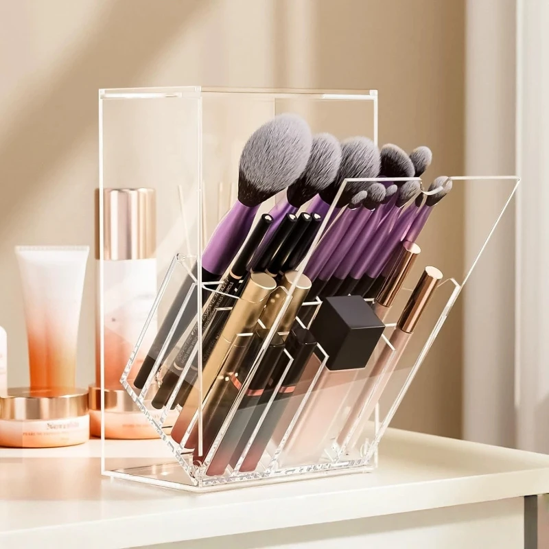 Porte-brosse de maquillage de grande capacité avec couvercle, rouge à lèvres acrylique fendu, fard à paupières, porte-brosse à sourcils, boîte de rangement pour fond de teint