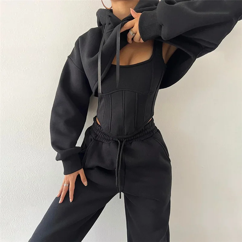 2024 Autumn/Winter New Women\'s Hooded Sweater Cover Up with Small Tank Top and Waist Tights Three Piece Set for Women