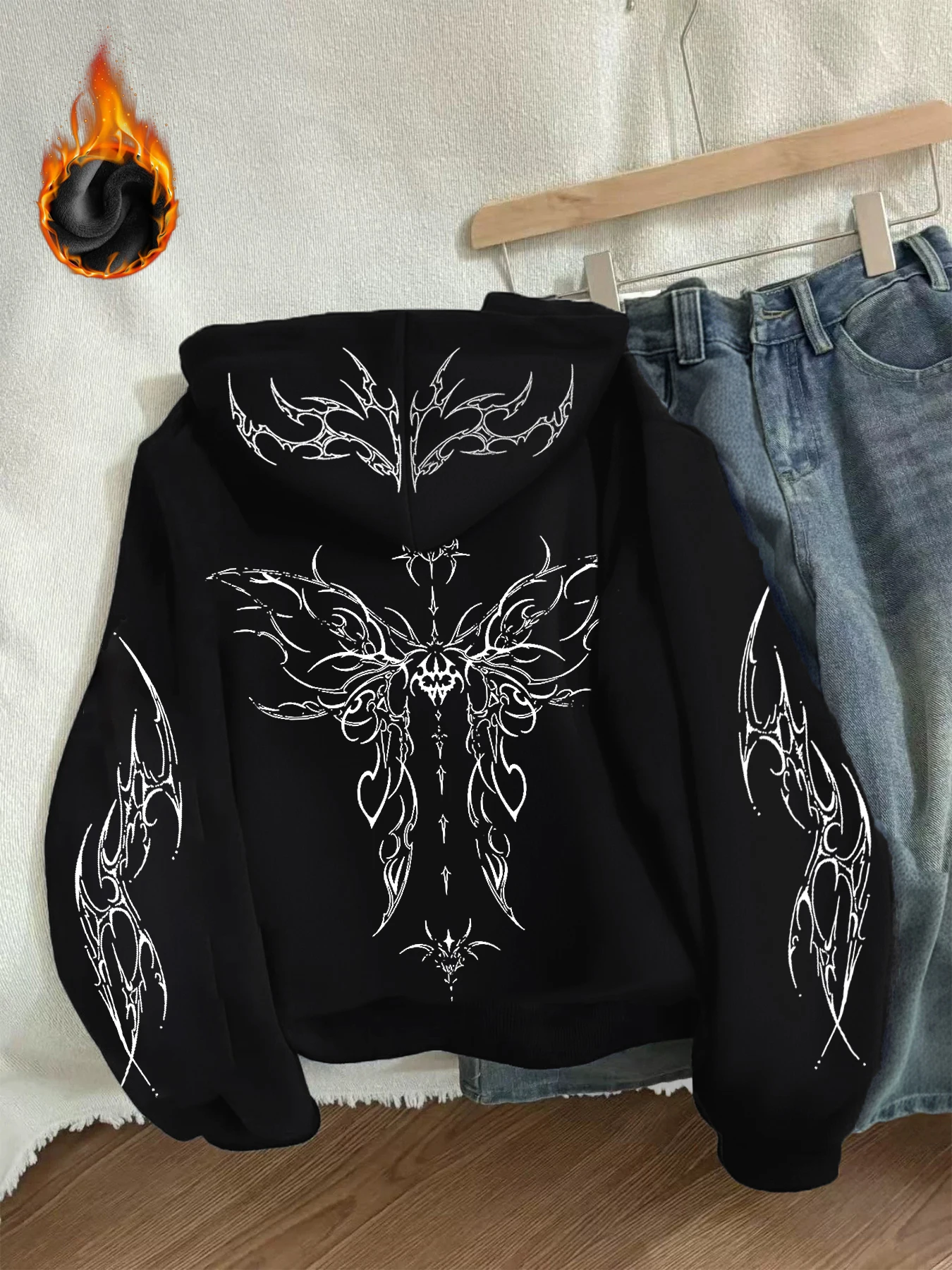 

Winter Y2k Gothic print thick heavy velvet black hooded zipper jacket slim temperament women's jacket casual lazy commuter style