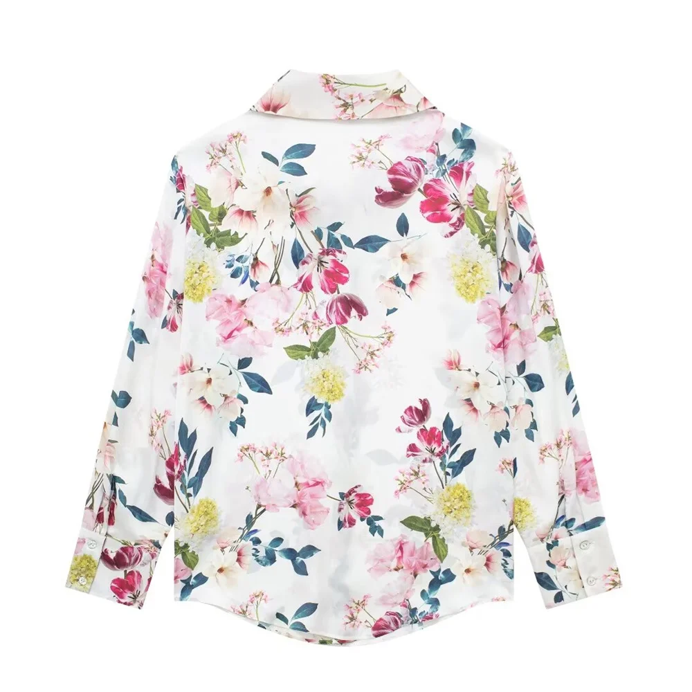 UNIZERA2024 Spring New Product Women\'s Casual Long sleeved Silk Satin Texture Retro Flower Print Shirt Loose Top