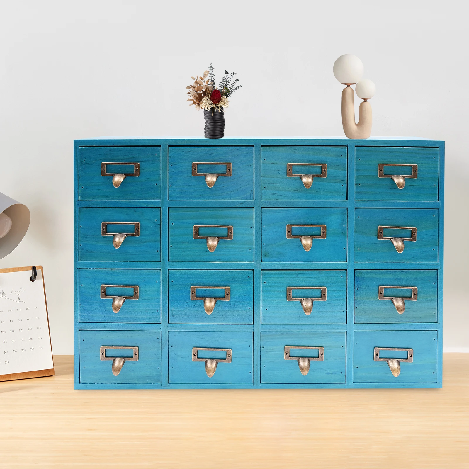 

16 Drawer Vintage Blue Color Stackable Storage Drawers, Apothecary Cabinet with Metal Handles for Living Room, Dresser, Kitchen