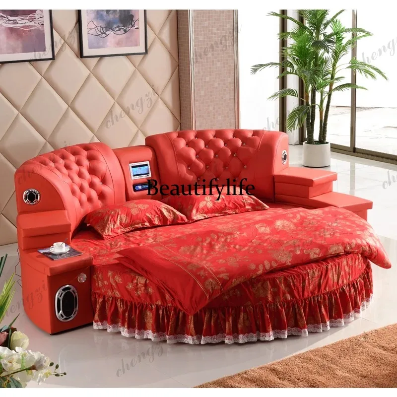 A68 Leather Nordic Bed Teenage Girls Electronic Round Children Bed Modern Nightstands Somieres Y Marcos De Cama Home Furniture