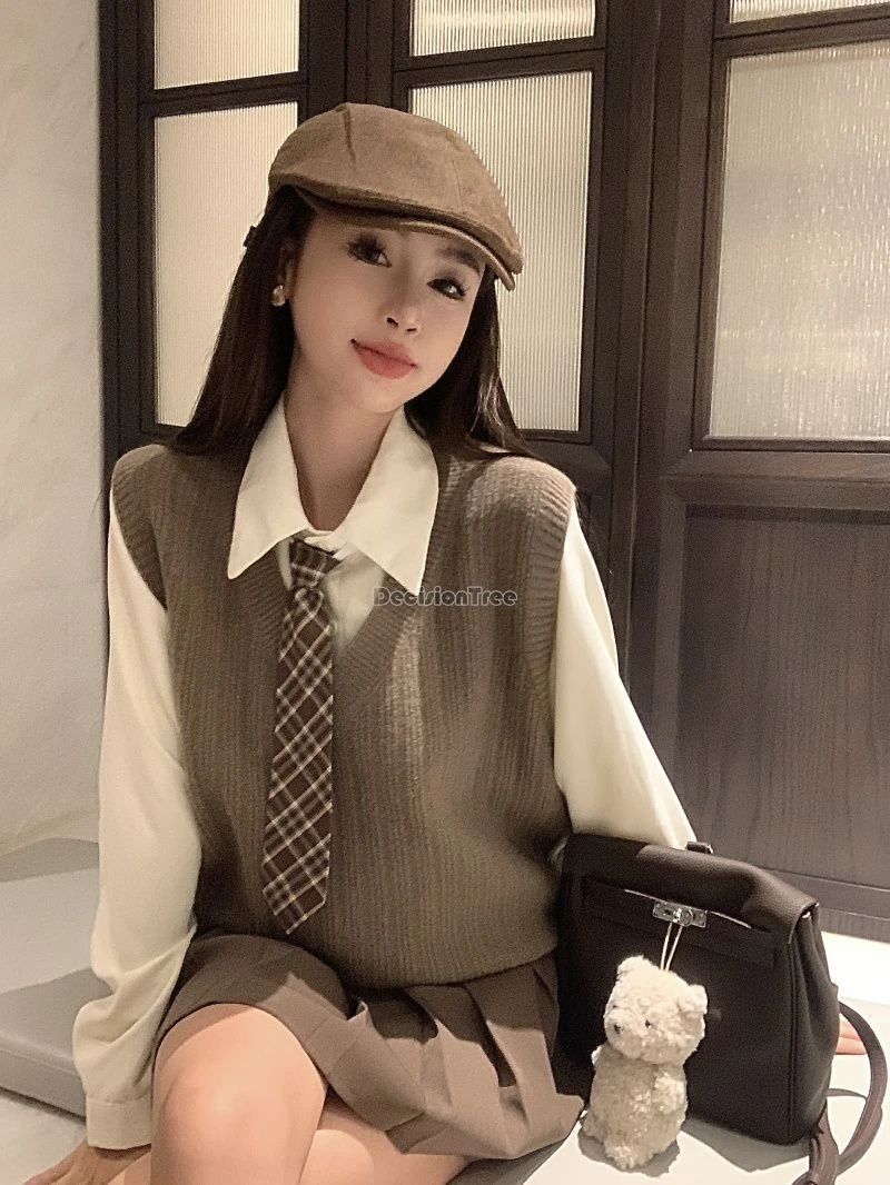 2025 new korean japan school uniform style v-neck knitted vest waistcoat shirt pleated half skirt three-piece daily loose jk set
