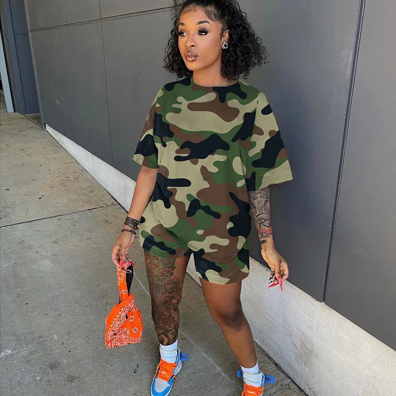 

Casual Tracksuit Women Two Piece Set Summer Camouflage Print Loose T-Shirts and Shorts Sets Fitness Sporty Running Sweatsuits