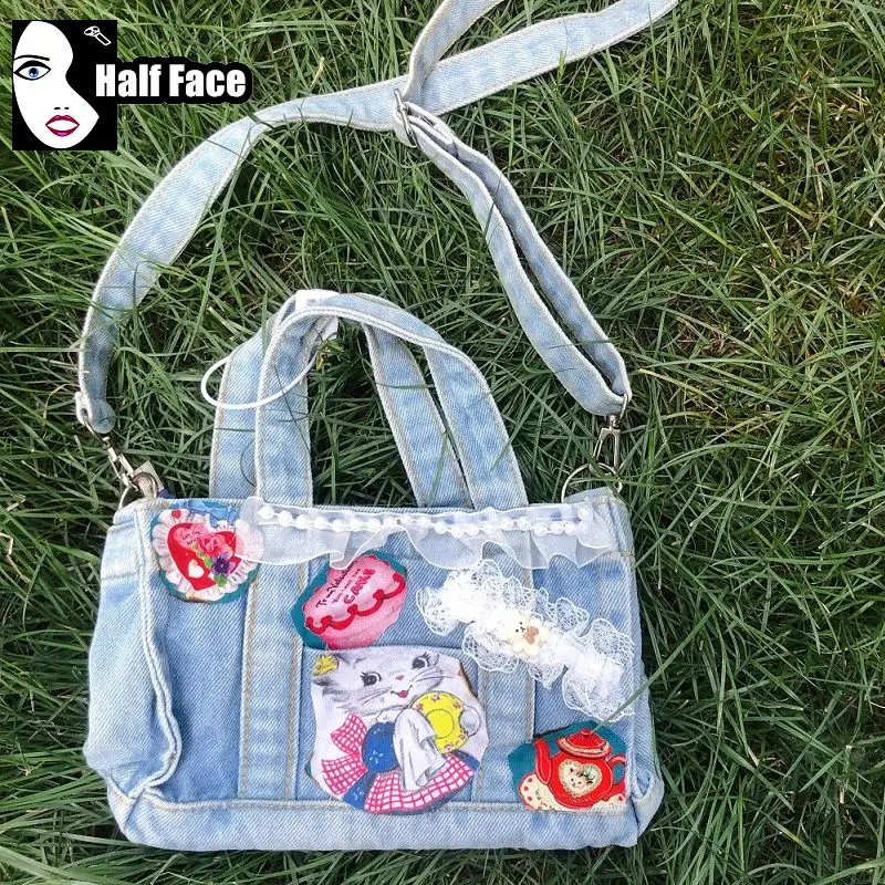 Y2K-Mini bolsos cruzados de un hombro para mujer, bolso de mano Vintage de dibujos animados, Harajuku, gótico, Punk, encaje, perla, oso, Denim lavado, Lolita