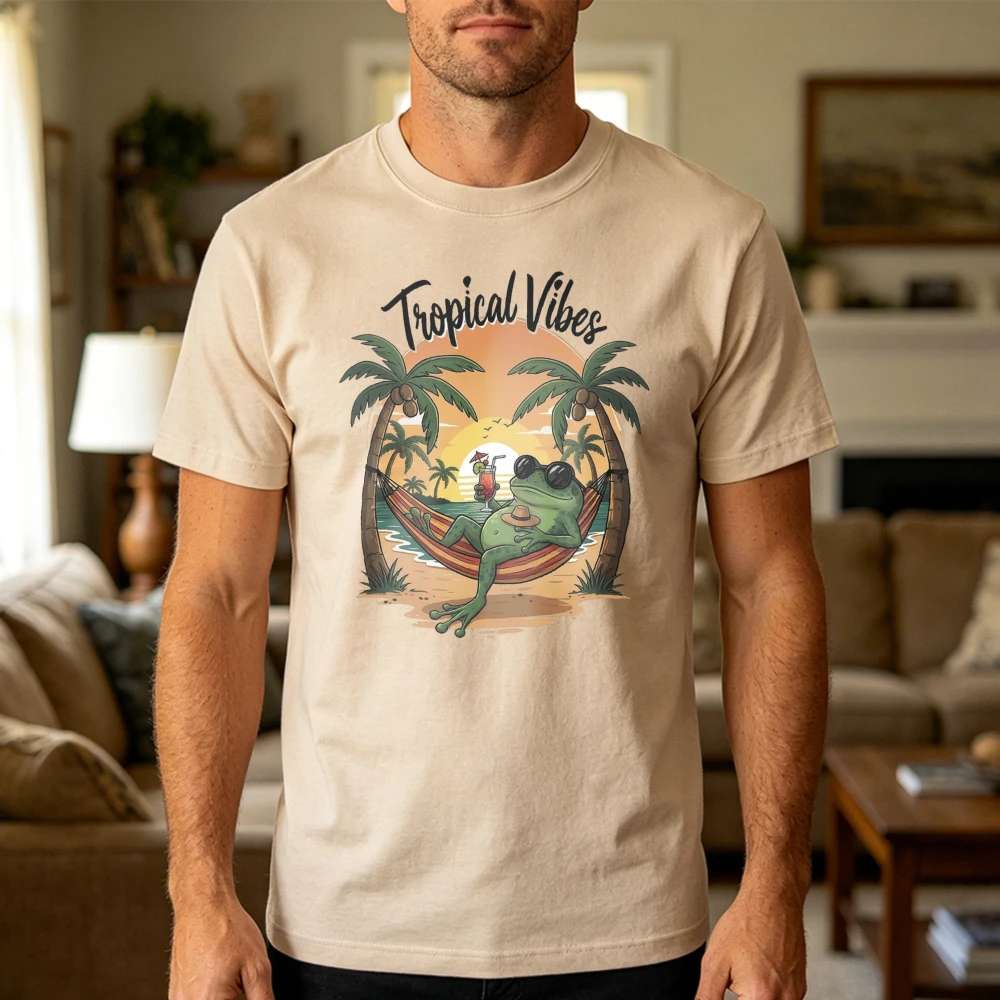 Tropical Vibes Summer Men T-Shirt Cotton Casual Fashion Top with Frog Hammock Palm Tree Design for Beach Vacation Gift Wear