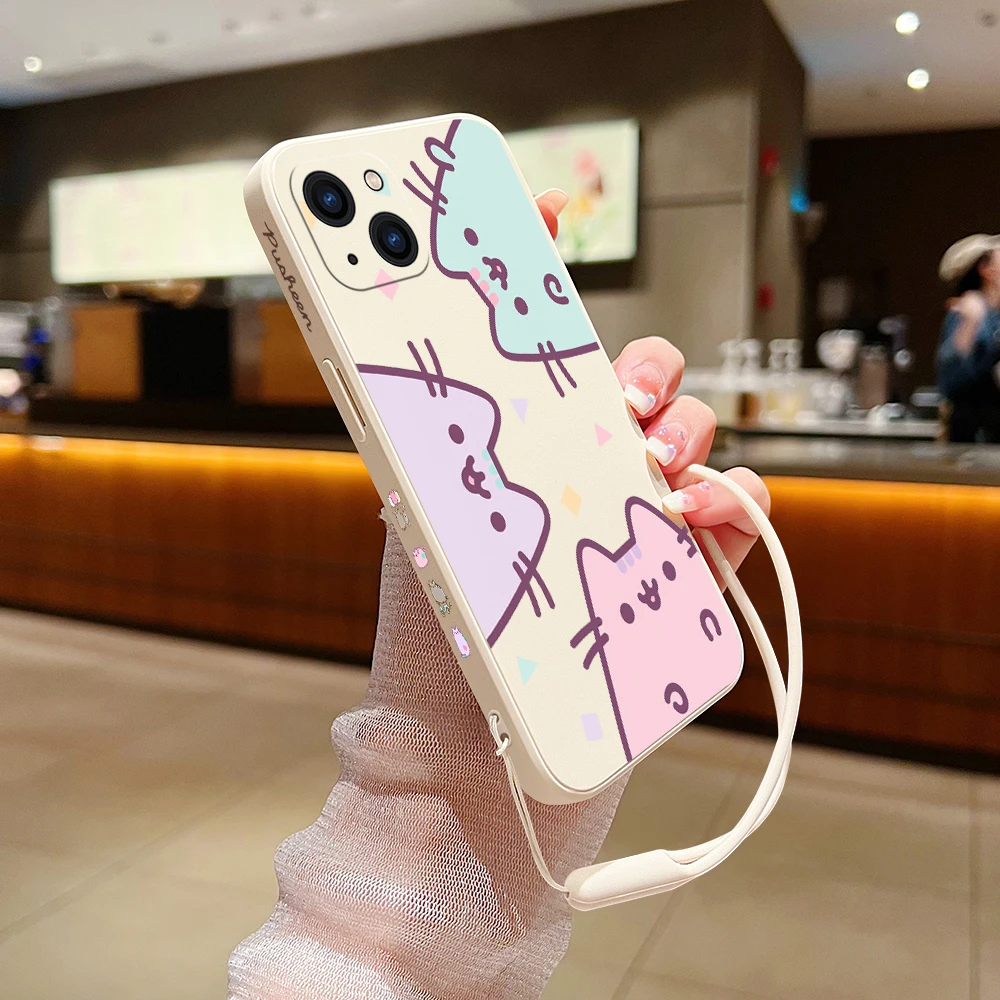 Cute Pusheens Cats Phone Case For iPhone 15 14 13 12 11 Pro Max Mini X XR XSMAX 8 7 6S Plus Soft Silicone Cover With Hand Strap