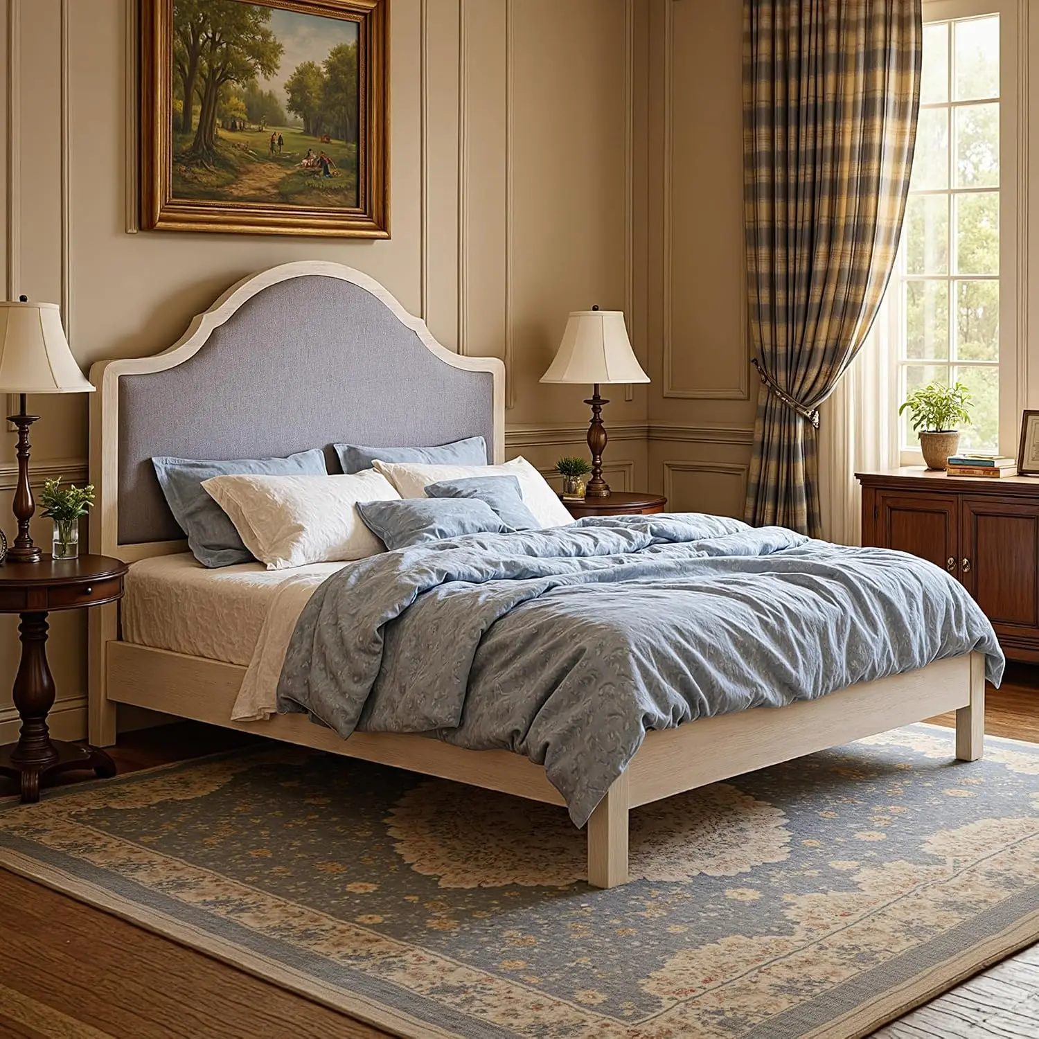 Full Size Bed Frame with Tall Upholstered Curved Headboard, Solid Wood Platform Bed, No Box Spring Needed, Wood, Customized