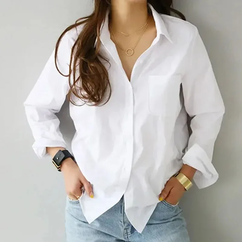 

Tops Fashionable Commuting Style Long Sleeved Lapel White Shirt Elegant Office Lady Cotton Blouse