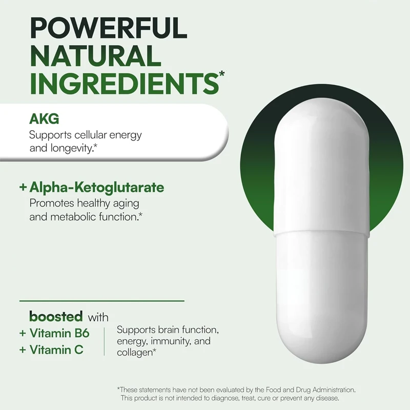 AKG Anti-aging and Energy Boosting Supplement, Containing Vitamin B6 and Vitamin C, Suitable for Young Skin and Cell Renewal