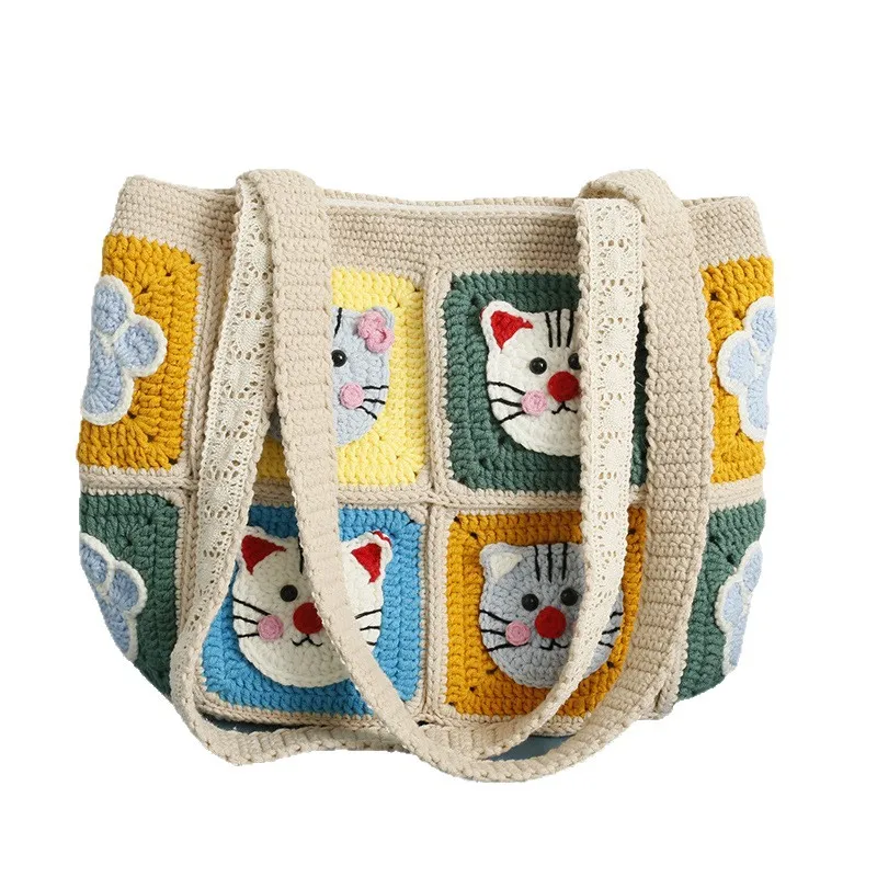 Hand crocheted shoulder bag, cartoon spear cat head checkered women's bag, wool crocheted shoulder bag finished product