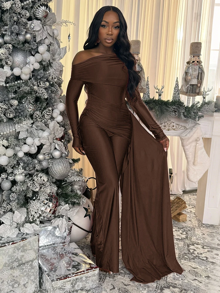 

Weird Puss Ribbon Skew Collar Jumpsuits Women Valentine's Day Solid Full Sleeve Skinny Elegant Banquet Hipster Activity Overalls