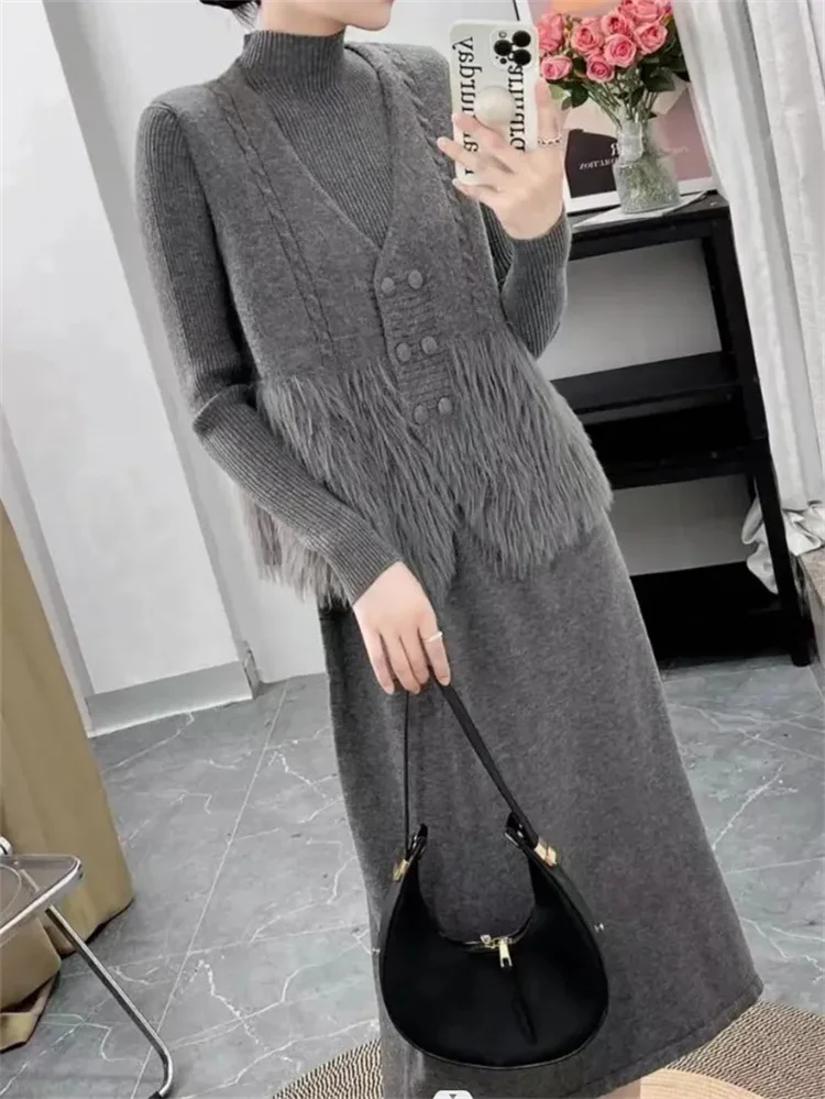 Fashion Vest Knit Dress Two-piece Women's Autumn and Winter 2025 New Temperament Slim Stomach-covering Sweater Skirt Suit