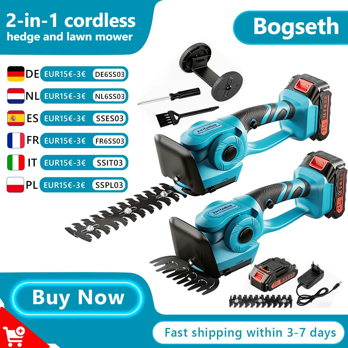 Bogseth Tondeuse sans fil 2-en-1 pour herbe et arbustes, batterie Li-ion 21V 2.0Ah, verrouillage de sécurité, légère pour l'entretien des pelouses, des haies et des jardins