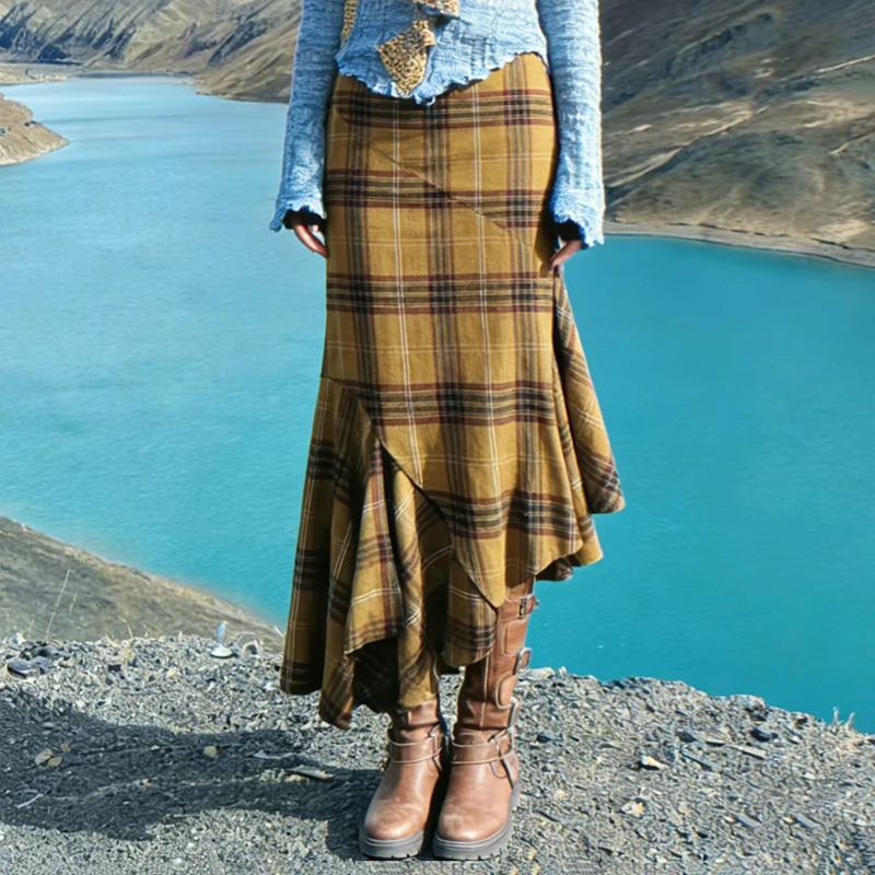 

PBAP клетчатая женская асимметричная юбка с рюшами по подолу, хлопковая струящаяся юбка трапециевидной формы с высокой талией, длинная юбка миди, повседневная корейская уличная одежда в стиле ретро