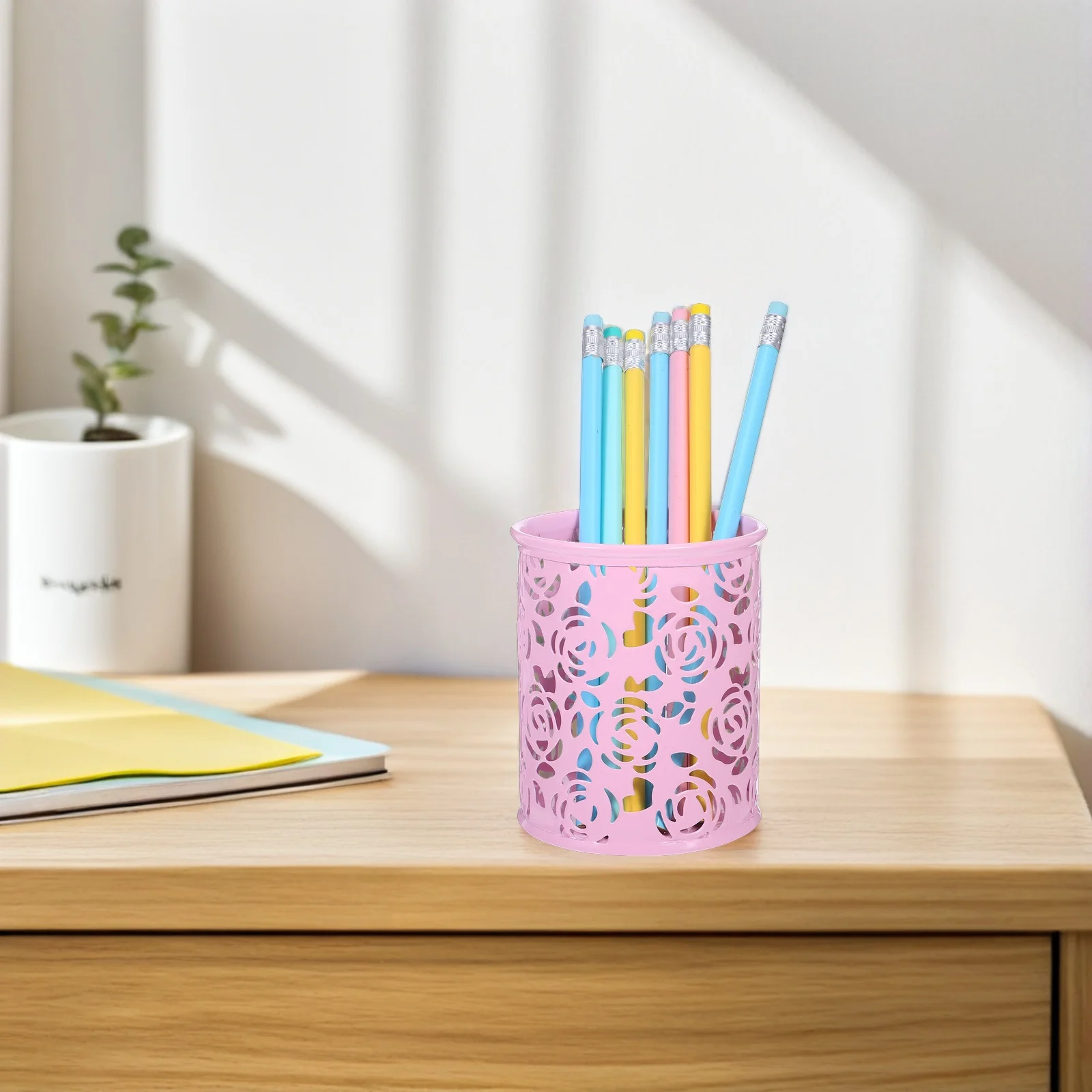 Elegant Rose Flower Metal Pen Holder Pencil Container Hollow Style Desktop Organizer for Study Room Decor Pink