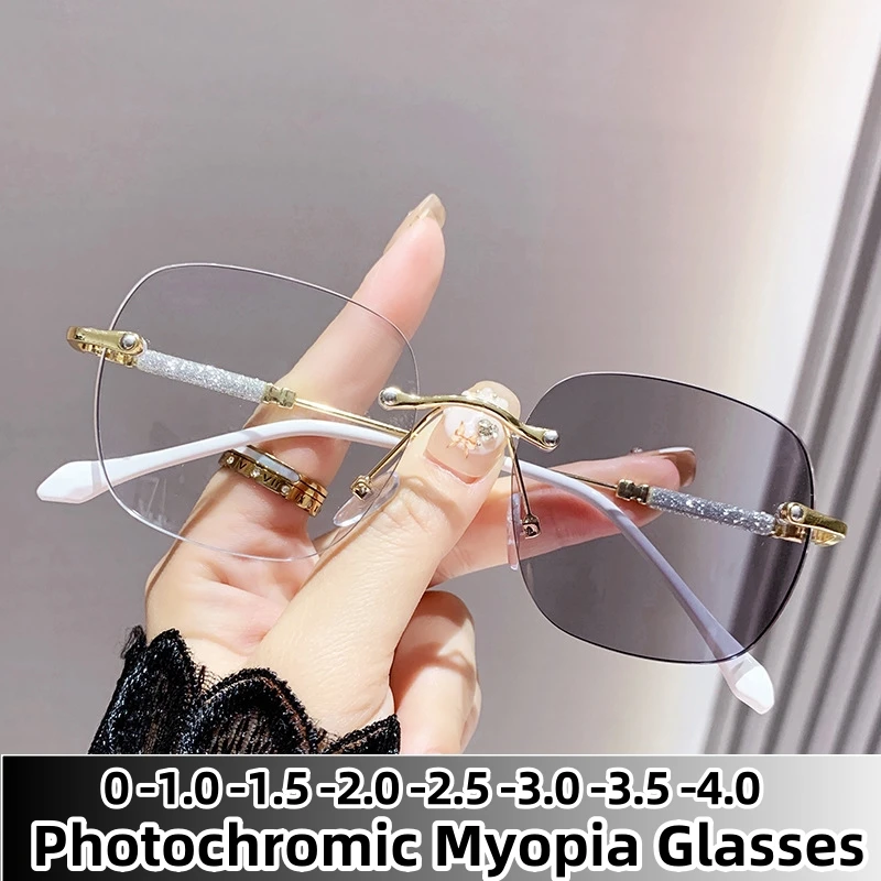 Luxury Photochromic Myopia Eyeglasses Women Square Rimless Minus Sight Glasses Retro Driving Shades Sunglasses for Men 0 To -4.0