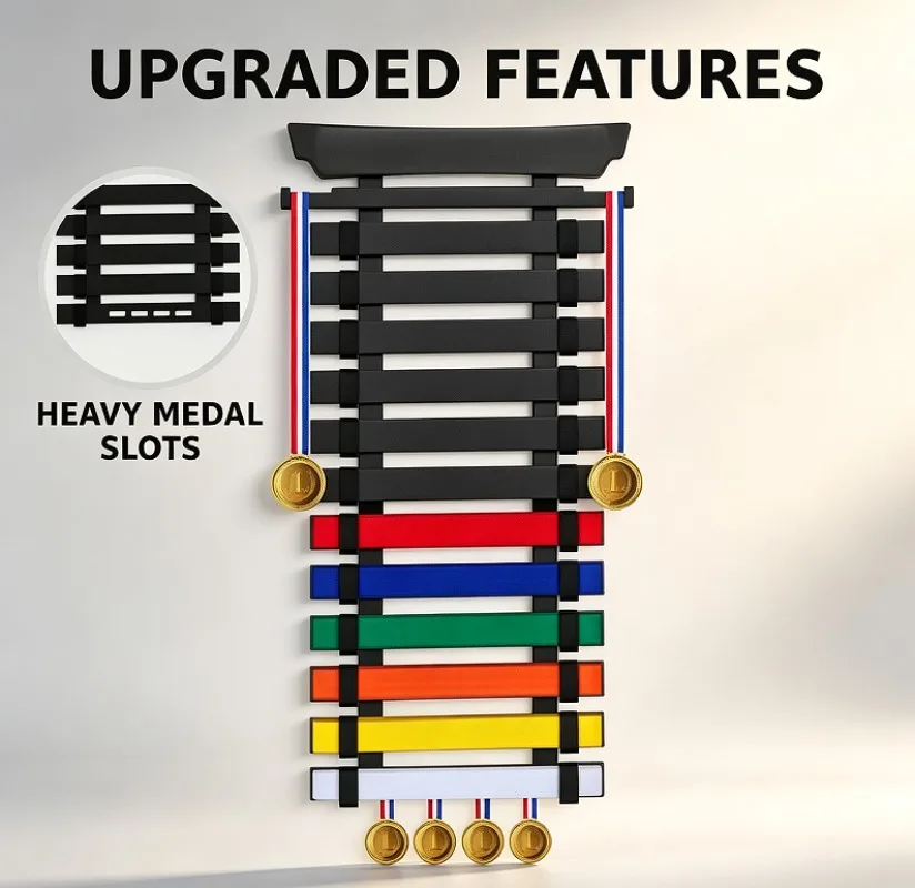 12 Belts Karate Belt Display Rack, Bamboo Wood Taekwondo Holder with Medal Hangers for BJJ/Judo
