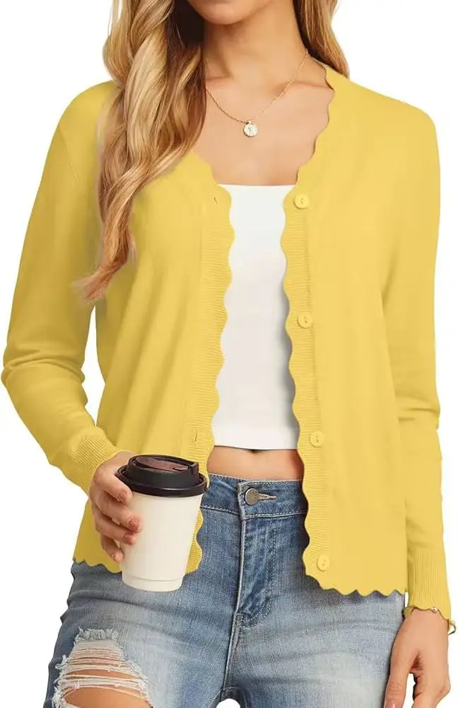 

Women's Fashion Short Knit Cardigan V-Neck 3/4 Sleeve Thin Spring Summer Top Wooden Edge New Style Open Front