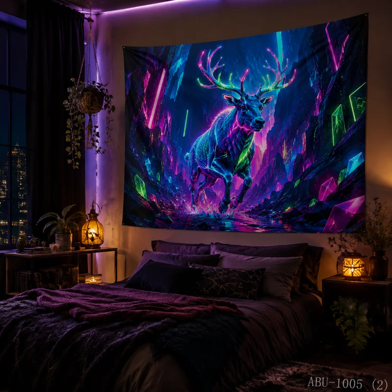 VIKAMA Neon Crystal Secret Realm Canyon Elk Christmas Tapestry HD Background Cloth Holiday Atmosphere Room Decoration