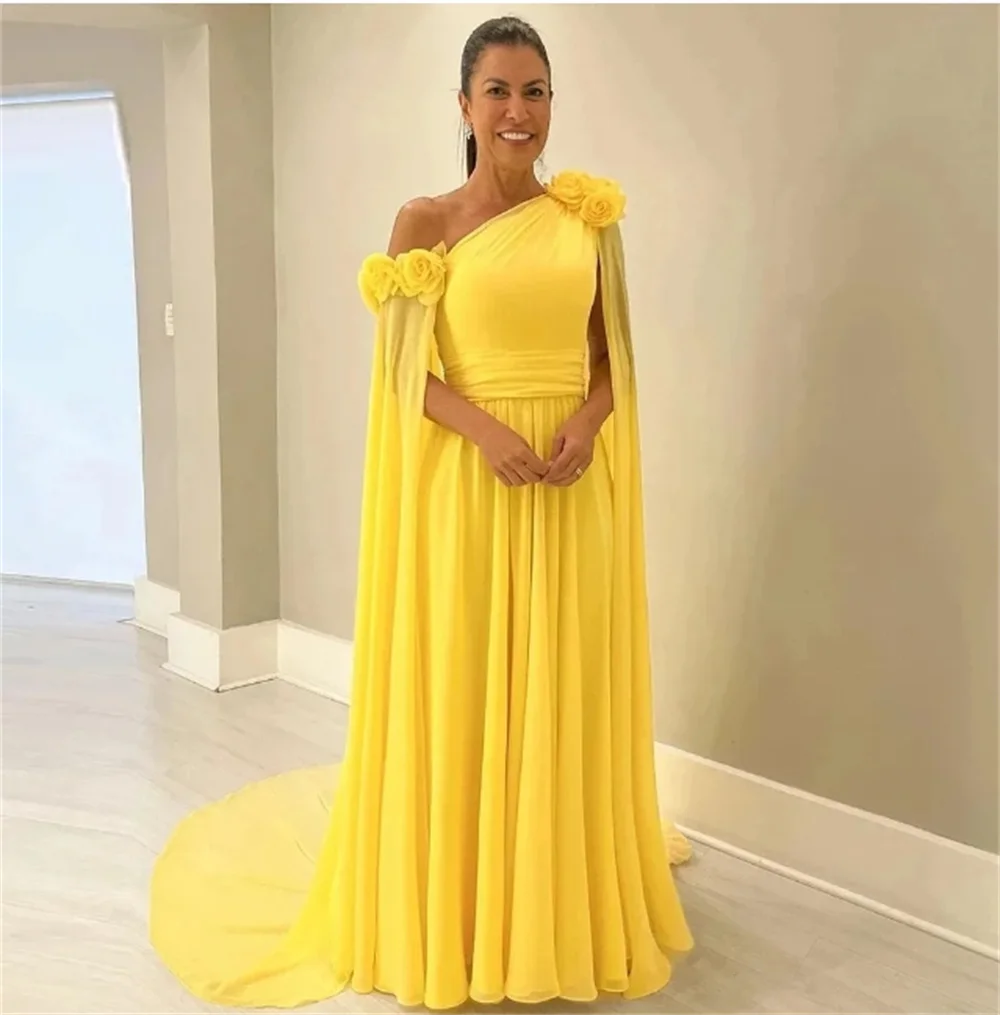 

Women Prom Dress Flowers Appliques Yellow Formal Dress A-Line Chiffon Pleats Evening Dress Floor-Length Wedding Party Dress