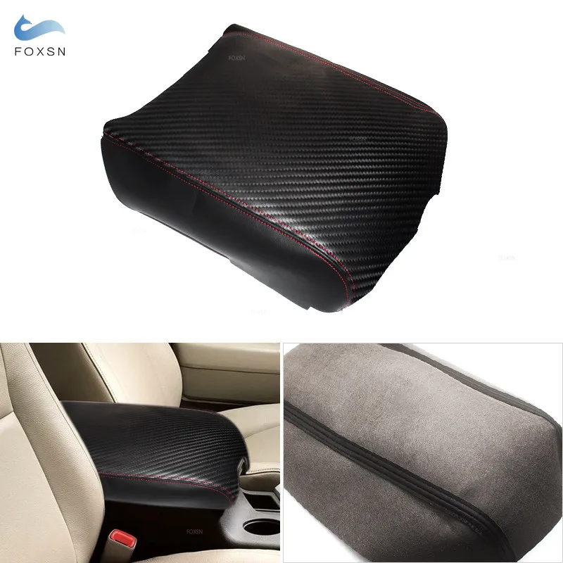 Carbon Fiber + Black Leather Splice Car Interior Center Control Armrest Box Cover Trim For Toyota Tundra 2007 2008 2009 - 2013