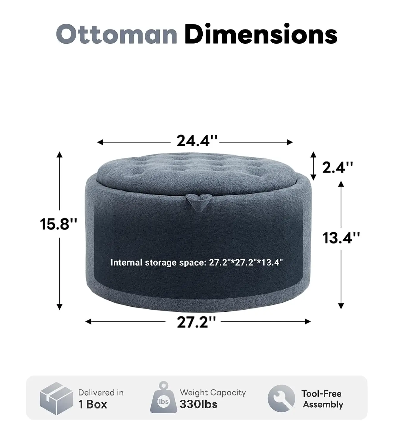 Round Storage Ottoman Footrest & Seat with Spacious Storage Plush Fabric for Living Room Bedroom Nursery, Customized
