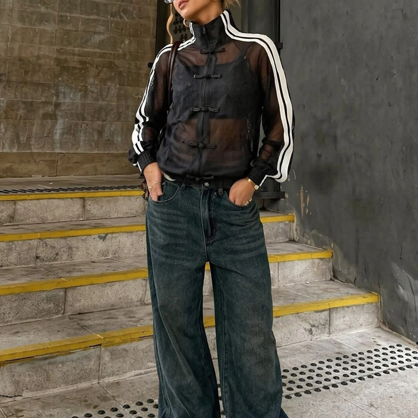 Damenjacke im chinesischen Stil mit Froschknöpfen, durchsichtigem Mesh-Material, Stehkragen, Streifenmuster, langen Ärmeln, transparent, Streetwear-Cardigan – Detail 6