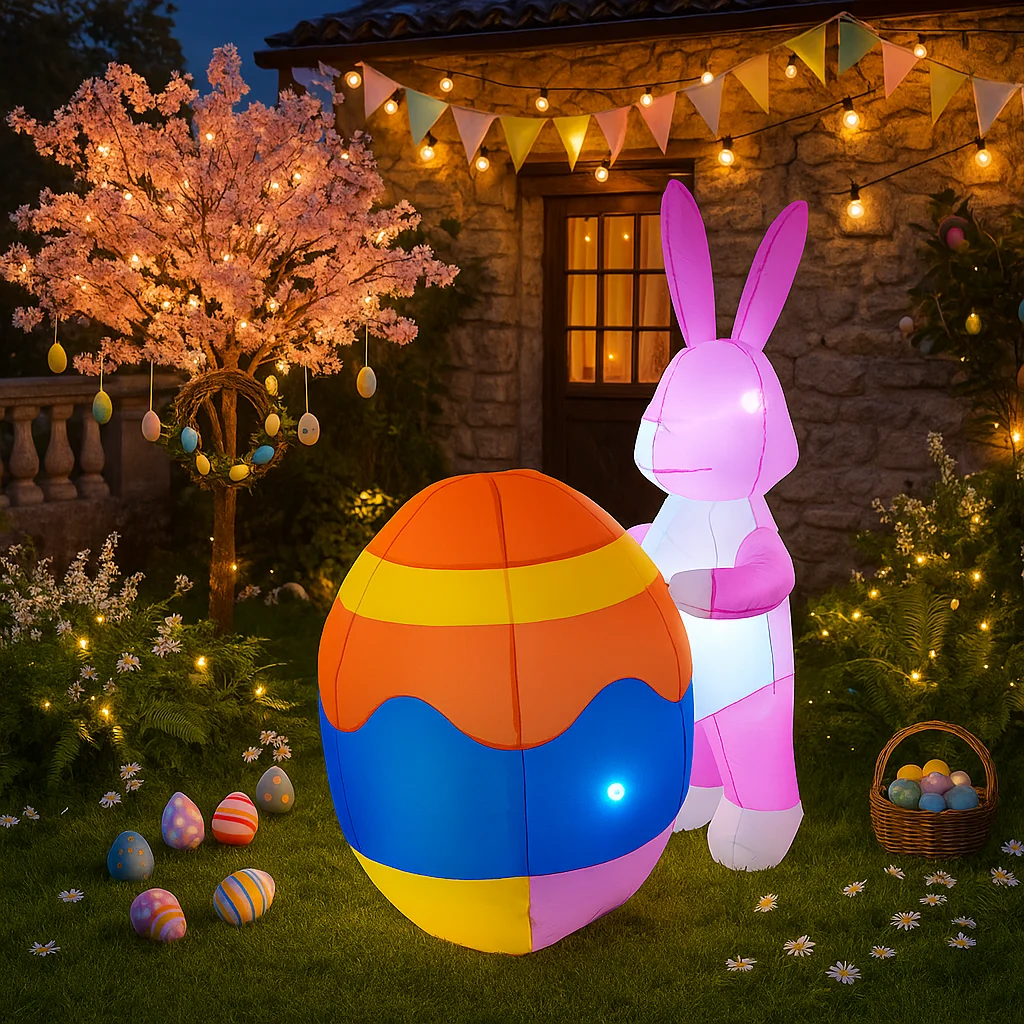 1.8メートル/6フィートのハッピーイースターインフレータブルおもちゃ、ピンクのウサギと大きな卵の装飾、LEDライト付きオーナメント、インフレータブルイースターデコレーション
