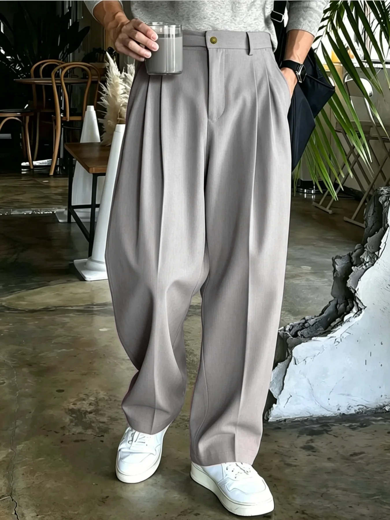 Fashion Men Double Pleated Wide Leg Suit Pants Korean Clean Fit Draped Slacks Loose Baggy Trousers Business  Casual Streetwear