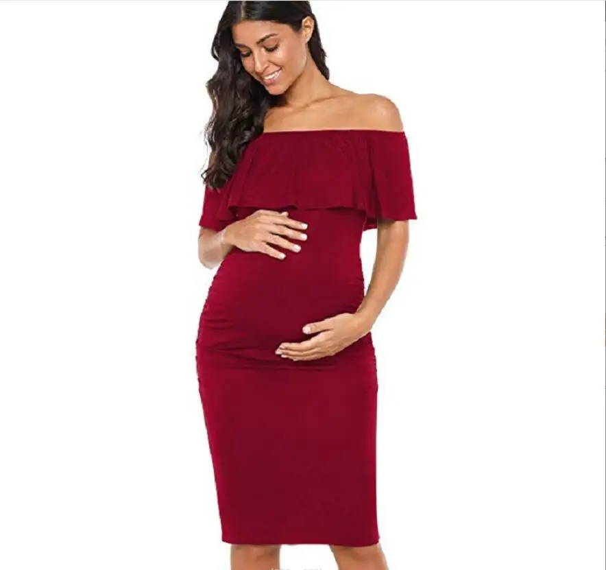 

New Fashion Black Red Women Pregnancy Dress Classic Short Sleeve Slash Neck Solid Ruffles Mama Dress Maternity Clothing Dresses