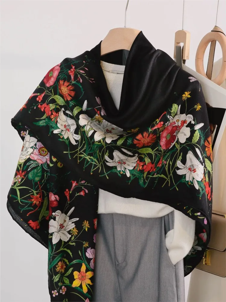 Floral silk and wool scarf large square summer feel air-conditioned room shawl outerwear