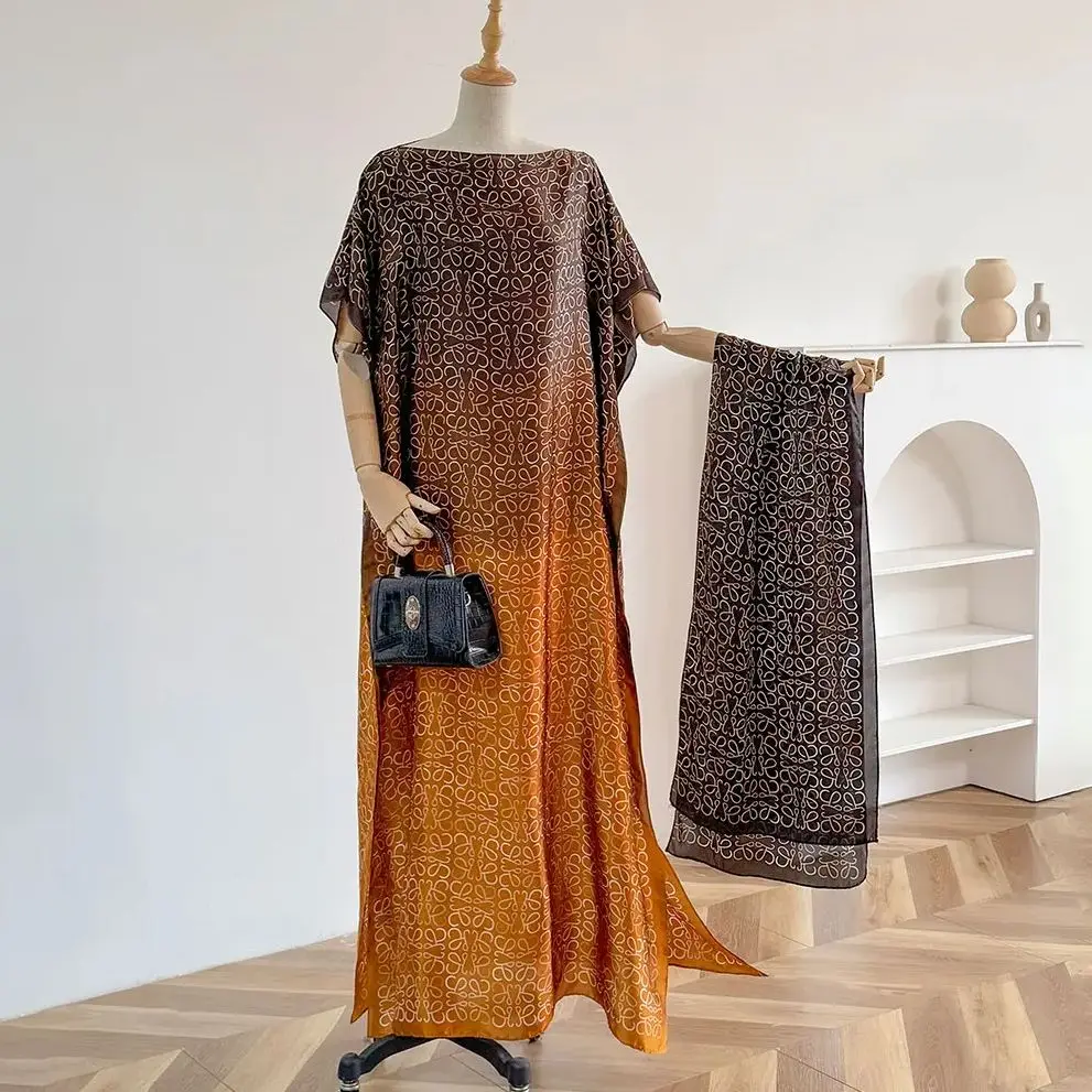 New 2025 Dubai Abaya For Women Summer Short Sleeve Cotton Dress Gold Stamping Loose Lady Maxi Islam African Dress With Big Scarf