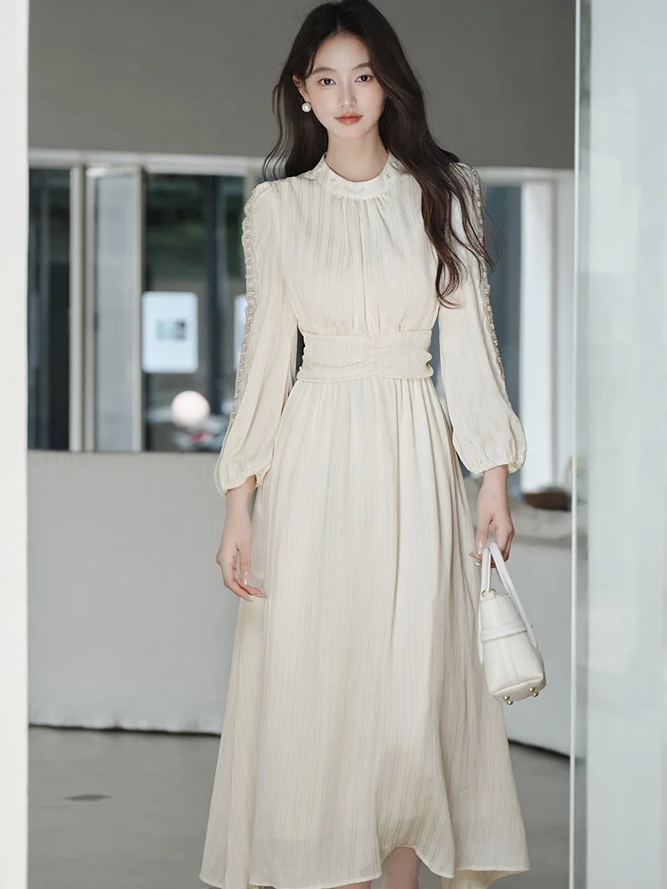 

Женское модное шикарное кружевное платье с длинными рукавами и бисером, 1920, корейское винтажное роскошное вечернее платье, осень-зима, элегантные облегающие платья