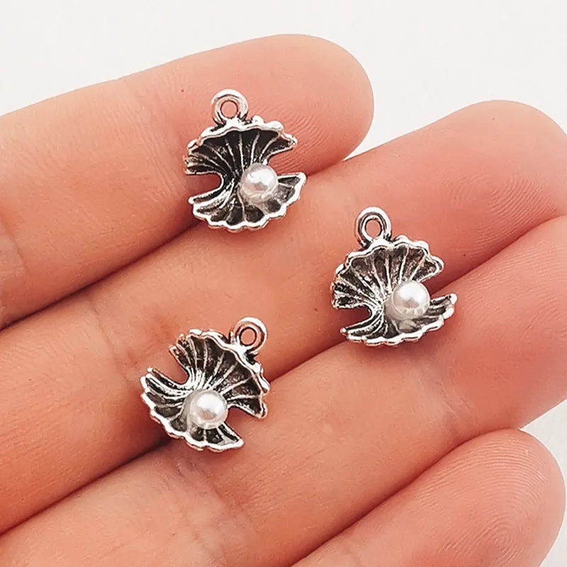 15pcs 14x12mm Antique Silver Color Alloy Shell Pearl Charms Pendant Designer Charms Fit Jewelry Making DIY Jewelry Findings