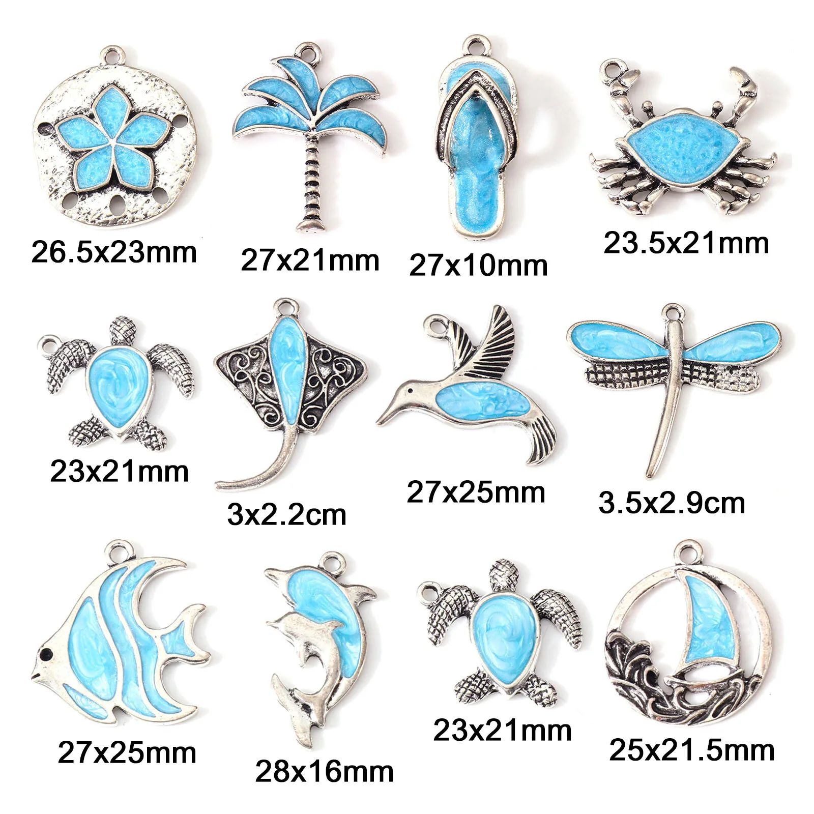 10PCs fascino in lega di zinco antico argento blu smalto ciondolo corpo marino stella marina pesce tartaruga per orecchini collana fai da te