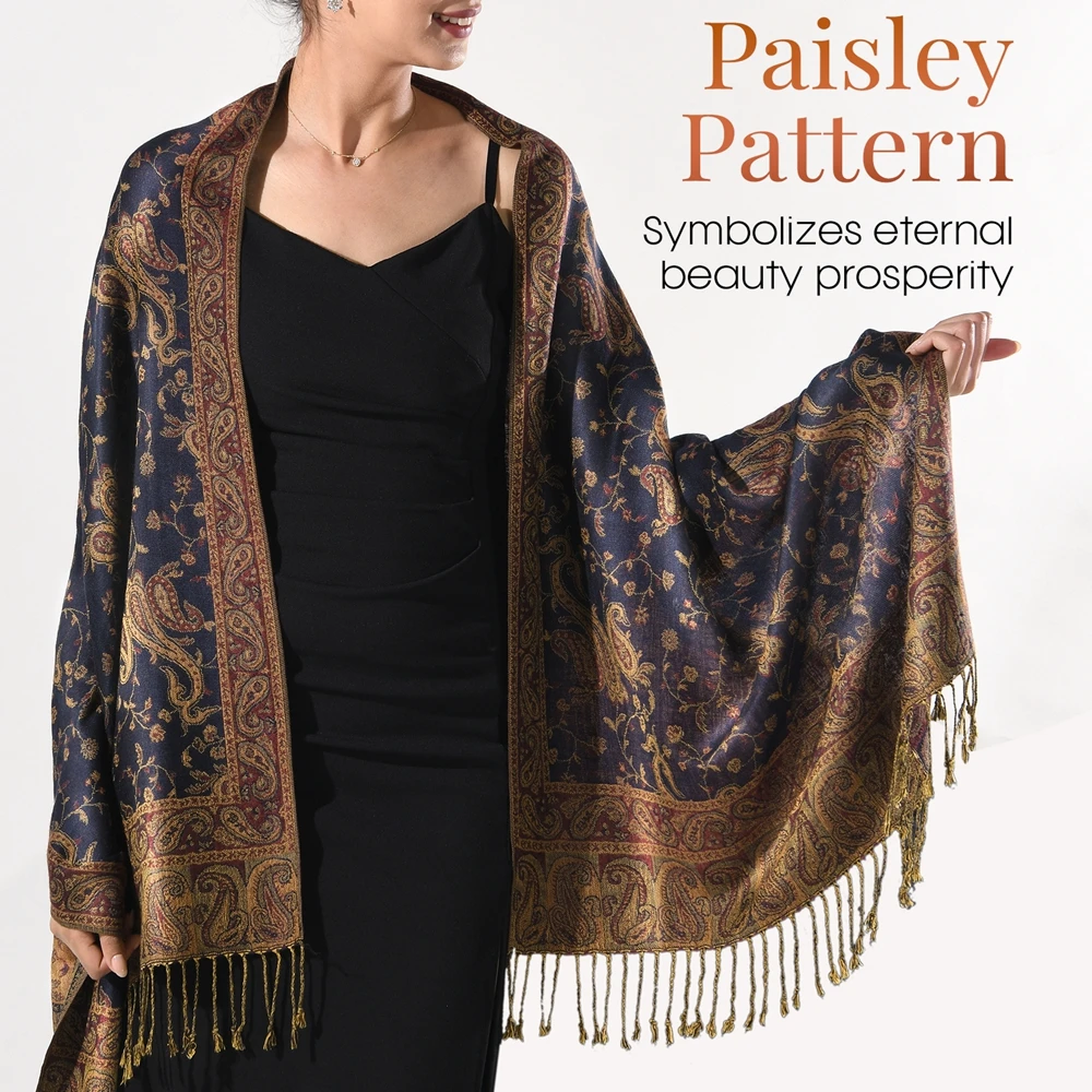 ผ้าพันคอ/ผ้าคลุมไหล่ลายดอกมะม่วงหิมพานต์ ดีไซน์พู่ห้อย นุ่มหรูหรา ปักลาย สำหรับฤดูใบไม้ร่วง/ฤดูหนาว  เครื่องประดับสำหรับงานปาร์ตี้สำหรับผู้หญิง