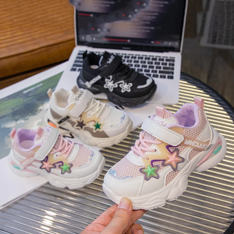 2025 Fashion Girls Sneakers with Stars Students Sports Shoes Kids Mesh Breathable Thick Soft Sole Running Shoes