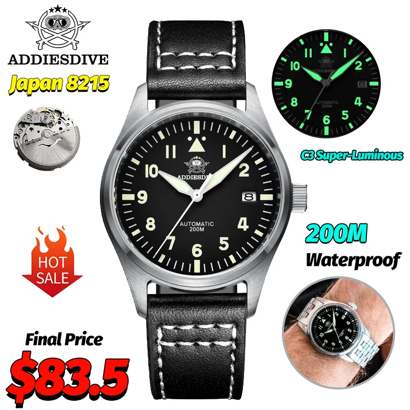 

Addiesdive New AD2519 200M Diving Watch 8215 Automatic Mechanical Watches Sapphire Luminous Stainless Steel Retro Pilots Watch